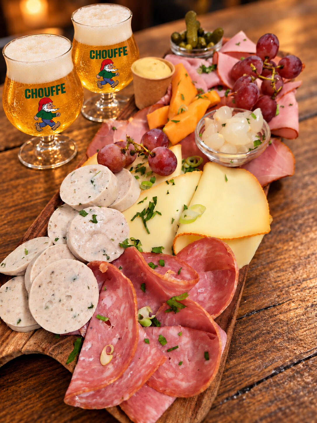 Planche ardennaise accompagnée de deux Chouffes