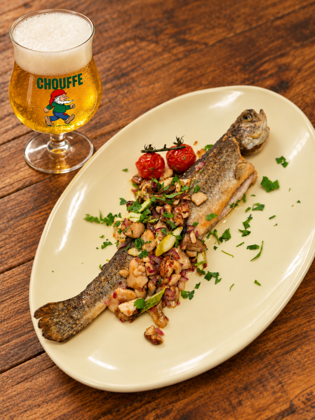 Truite aux champignons accompagnée d’une Chouffe
